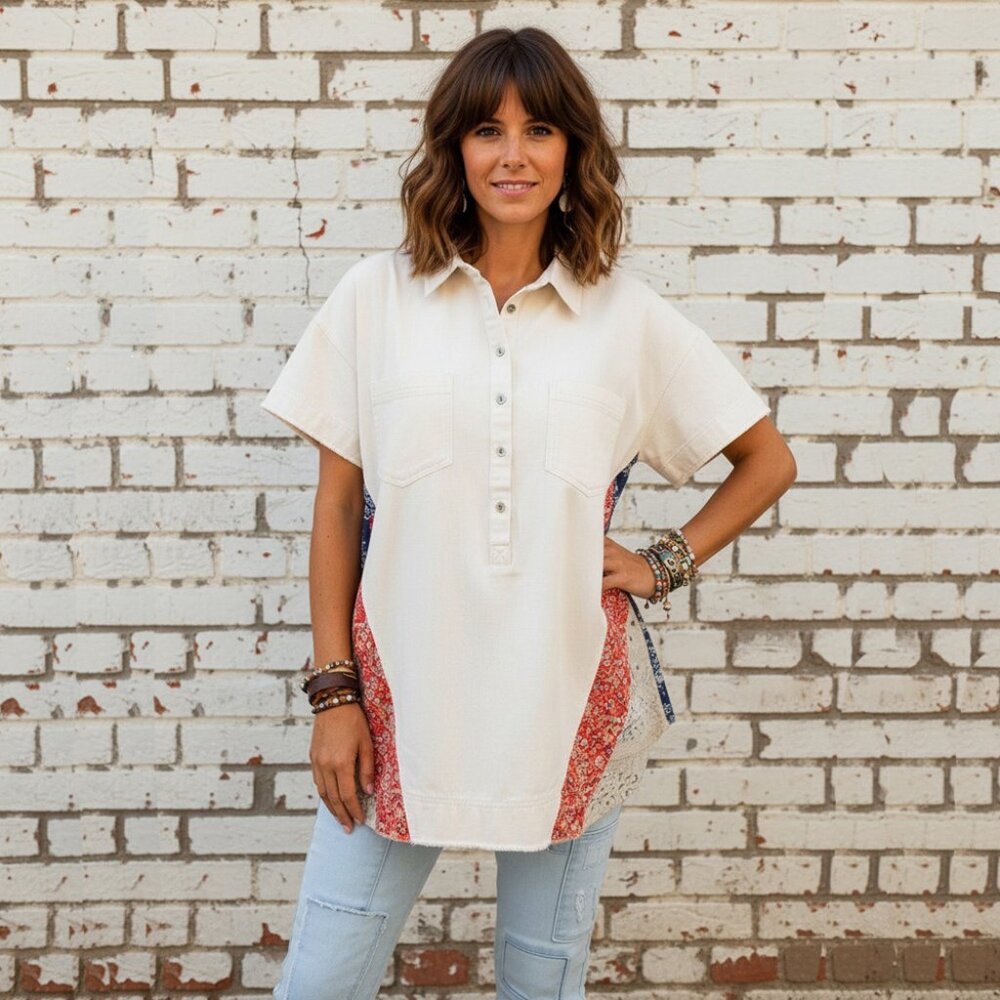 Bohemian ivory cotton shirt - Colorful patchwork side panel blouse